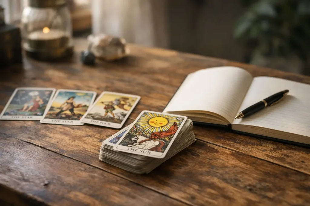 Tarot cards on a table with soft light