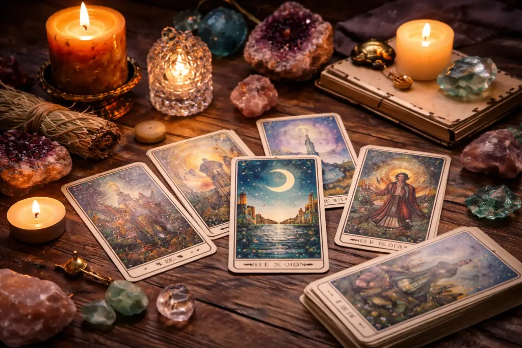 Tarot cards on a wooden table with candles and crystals, illustrating how tarot readings can be harmful when misused and how to use them safely.
