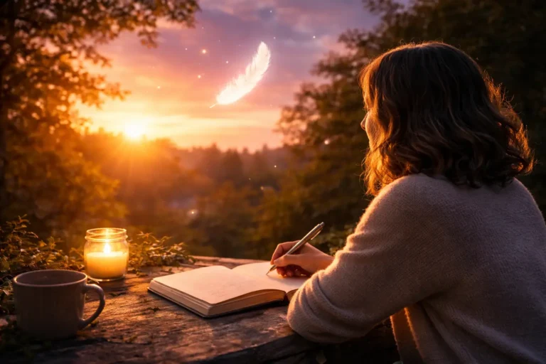 Person journaling at sunset while noticing a small “sign” (a feather), illustrating a grounded approach to interpreting signs from the universe as prompts, not proof.