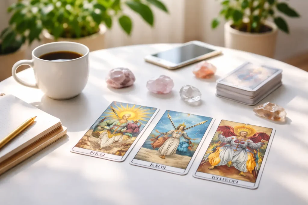 Modern tarot spread in daylight showing three cards on a clean white table, illustrating tarot as scenario guidance rather than a fixed prediction.
