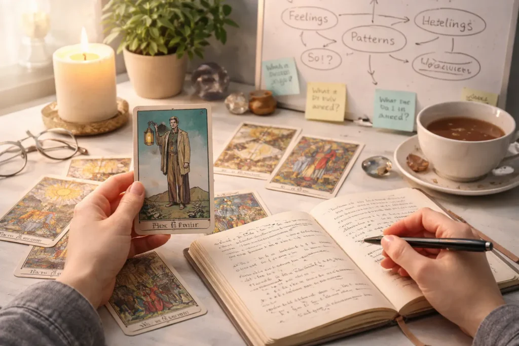 how-does-tarot-work-psychologically-reflective-journaling How does tarot work psychologically? A reflective tarot journaling session showing a tarot card, notes, and a simple psychology-style mapping of feelings and patterns.