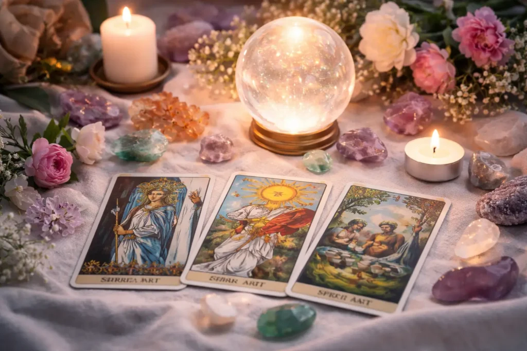 Tarot cards laid out on a soft fabric cloth with candles, crystals, and a glowing crystal ball, illustrating spiritual tarot as symbolic guidance and reflection.
