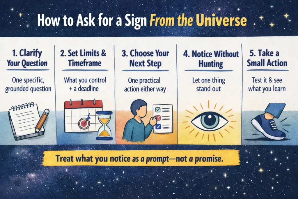 how-to-ask-for-a-sign-from-the-universe-5-step-process-infographic Infographic showing a 5-step process to ask for a sign from the universe as a reflection tool: clarify, set limits, define a window, choose a next step, notice and test with action.