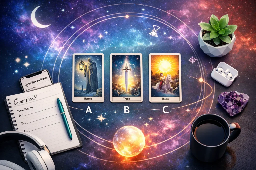 Flat lay of a 3-card tarot spread labeled A, B, and C with a notes template, showing the step-by-step process for doing a tarot spread.