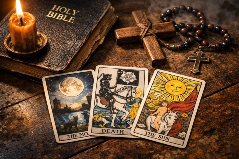 Tarot cards beside an open Bible, a wooden cross, and a rosary, illustrating a Christian discussion of whether tarot reading is a sin.