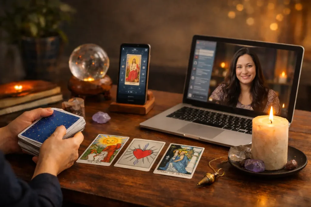 Hands shuffling tarot cards during an online video tarot reading on a laptop, with a tarot app on a smartphone and a candle on the table.