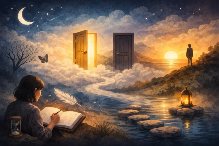 Person reflecting on a spiritual dream by journaling, with symbolic imagery of two doors and a peaceful night scene.