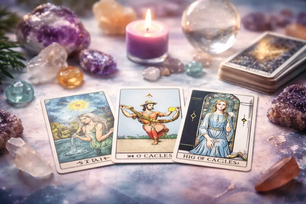 Three-card tarot spread layout with crystals and a candle on a soft