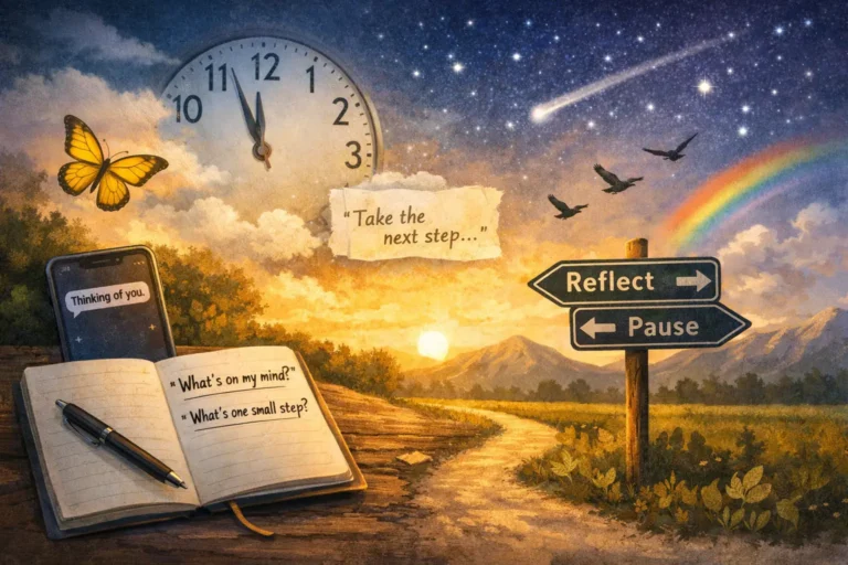 Illustration of “a sign from the universe” as a reflective moment: a winding path at sunset, open notebook with questions, and road signs reading “Reflect” and “Pause.