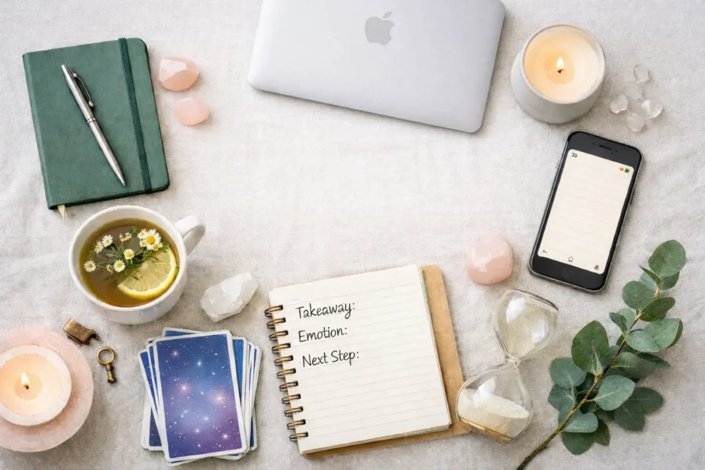 Flat lay of tarot aftercare items: journal with takeaway/emotion/next step prompts, tarot cards, tea, candle, crystals, and a small laptop on a neutral background.