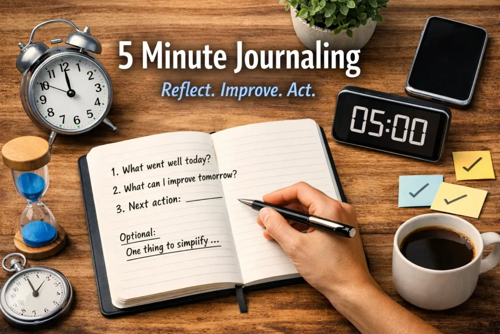 5-minute-journaling-template-desk-timer 5 minute journaling template on a desk with a 5-minute timer, notebook prompts, and coffee
