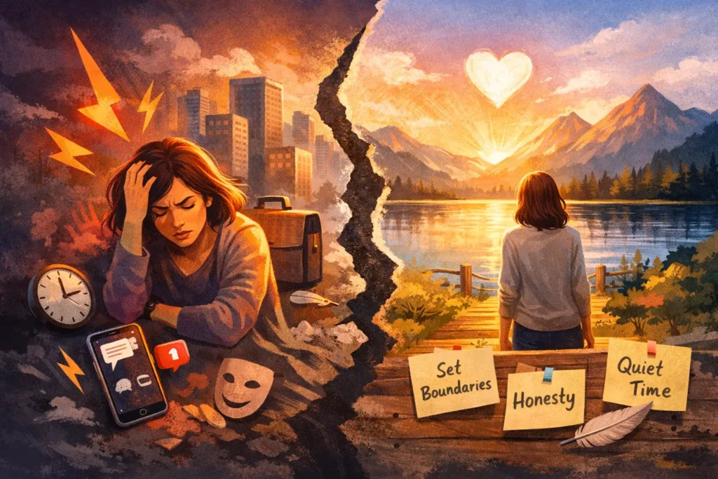 angry-after-spiritual-awakening-integration-boundaries-illustration Illustration of anger after a spiritual awakening: a stressed woman in a noisy city contrasted with a calm lakeside scene, symbolizing integration, boundaries, honesty, and quiet time.