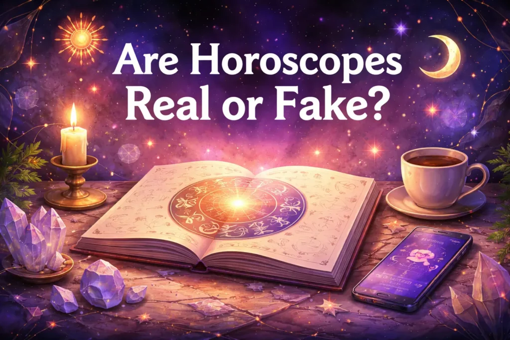 Illustration of an astrology book with a glowing zodiac wheel, a horoscope app on a phone, crystals, and a cup of coffee under a starry sky.