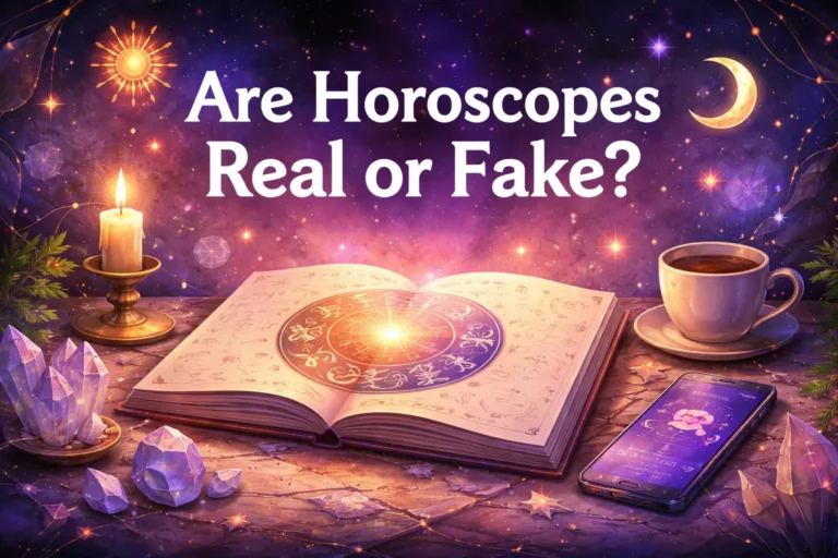 Illustration of an astrology book with a glowing zodiac wheel, a horoscope app on a phone, crystals, and a cup of coffee under a starry sky.