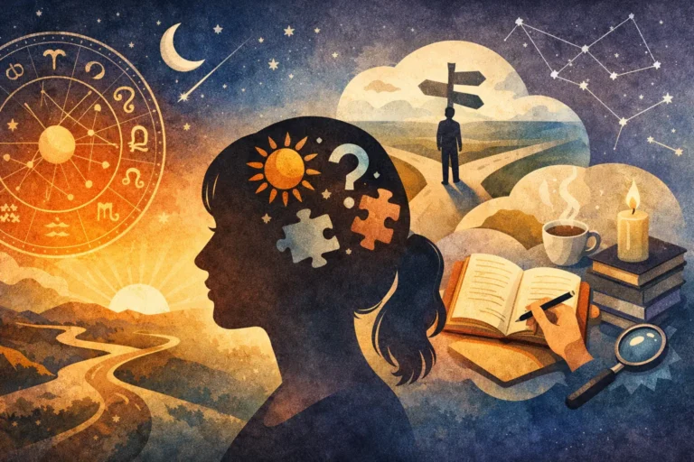 Illustration showing a zodiac wheel and a human silhouette with symbols, representing astrology as meaning-making and self-reflection.
