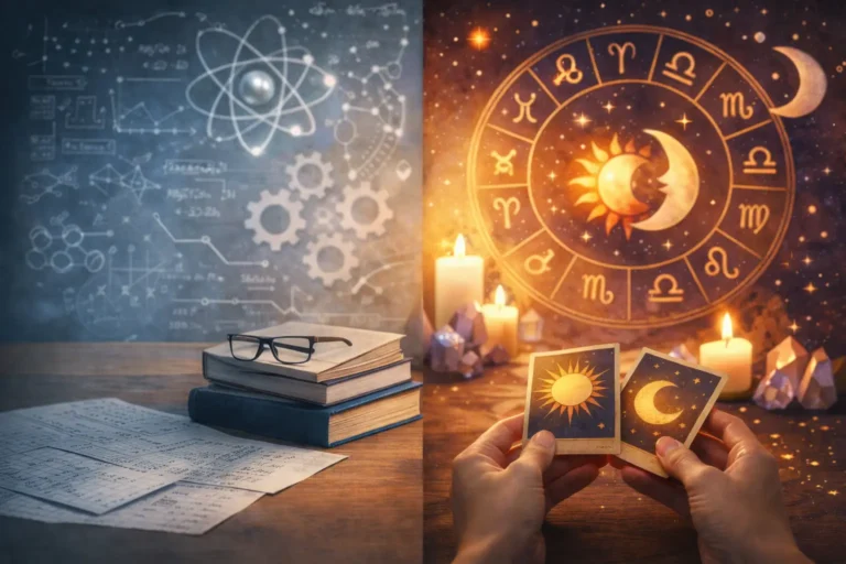 Split scene showing rational notes and books on one side and an astrology chart with tarot cards and candles on the other, illustrating meaning-making vs rational explanations.