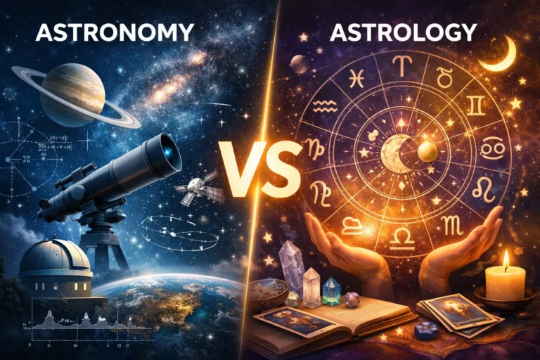 Split illustration comparing astronomy and astrology: telescope and planets on one side, zodiac chart symbols on the other.