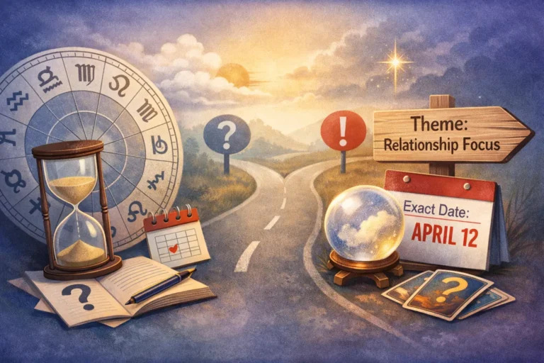 Illustration showing an astrology chart and hourglass beside a forked road contrasting theme-based timing windows with an exact-date prediction.
