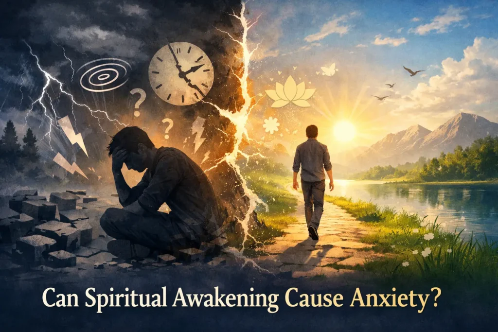 can-spiritual-awakening-cause-anxiety-header Illustration showing anxiety during spiritual awakening as a transition from inner turmoil to calm, with a person moving from stormy darkness to a sunlit path.