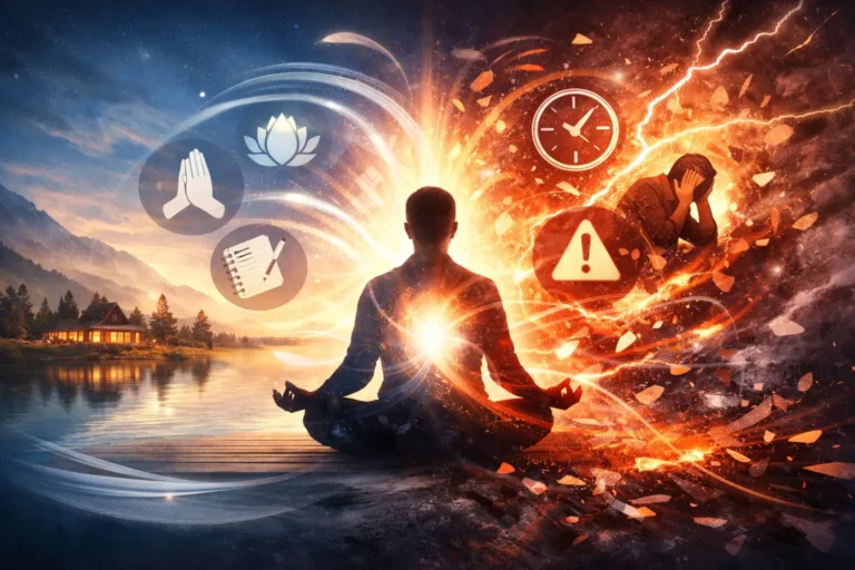 Meditating person between calm retreat scenery and intense energy, illustrating emotional overwhelm from spiritual practices like meditation, retreats, and breathwork.