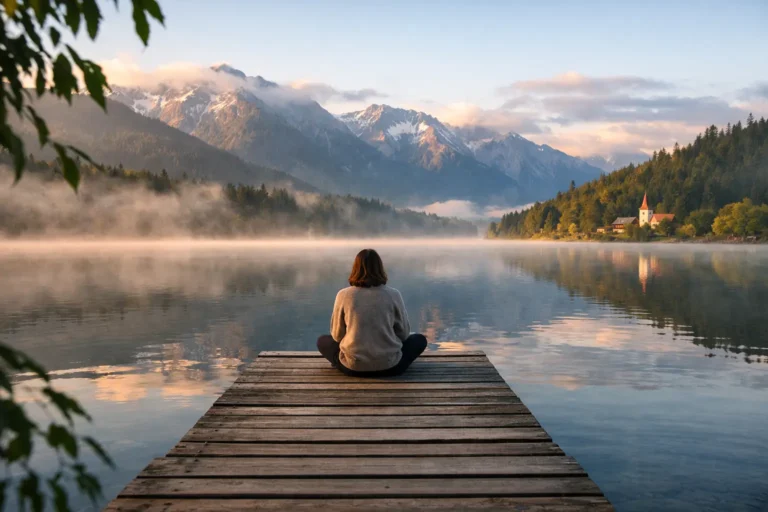 Person sitting on a wooden dock by a calm mountain lake at sunrise, reflecting on life and uncertainty.