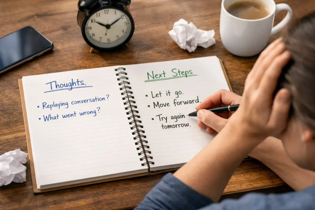 can-you-self-reflect-too-much-reflection-vs-rumination Person reviewing notes that separate reflection from rumination, focusing on one takeaway and one next step.