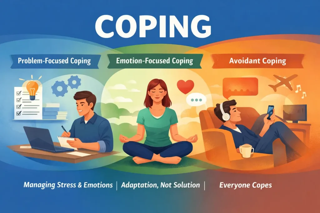 coping-meaning-types-problem-emotion-avoidant Illustration showing the three main coping types in psychology: problem-focused, emotion-focused, and avoidant coping.