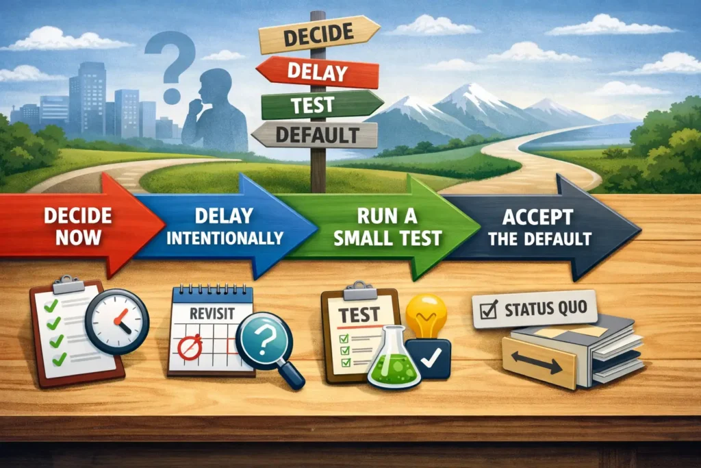 decision-making-paths-decide-delay-test-default-choices A digital illustration depicting four decision-making paths, represented by colorful arrows labeled "Decide", "Delay", "Test", and "Default", guiding actions in decision-making, set against a natural landscape background.