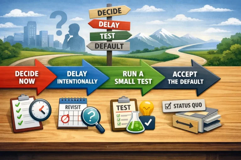 A digital illustration depicting four decision-making paths, represented by colorful arrows labeled "Decide", "Delay", "Test", and "Default", guiding actions in decision-making, set against a natural landscape background.