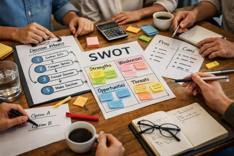 Team reviewing a SWOT sheet and decision process steps on a table during a planning meeting, illustrating decision-making as a skill.