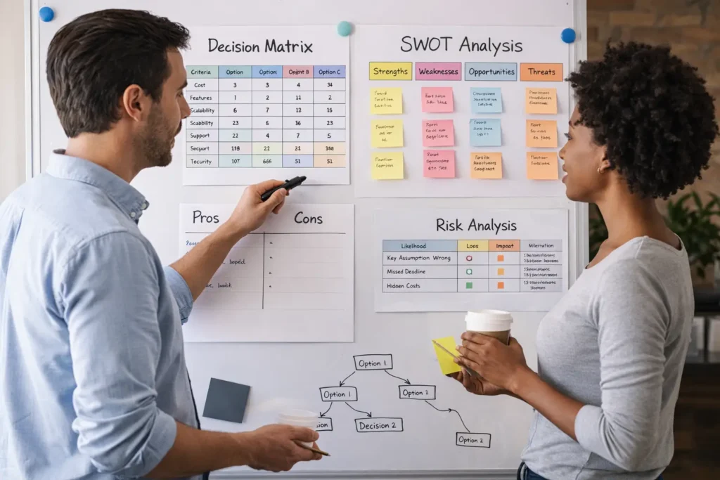 Two professionals collaborate on decision-making tools, analyzing a decision matrix, SWOT analysis, and risk assessment on a whiteboard in a modern office setting.