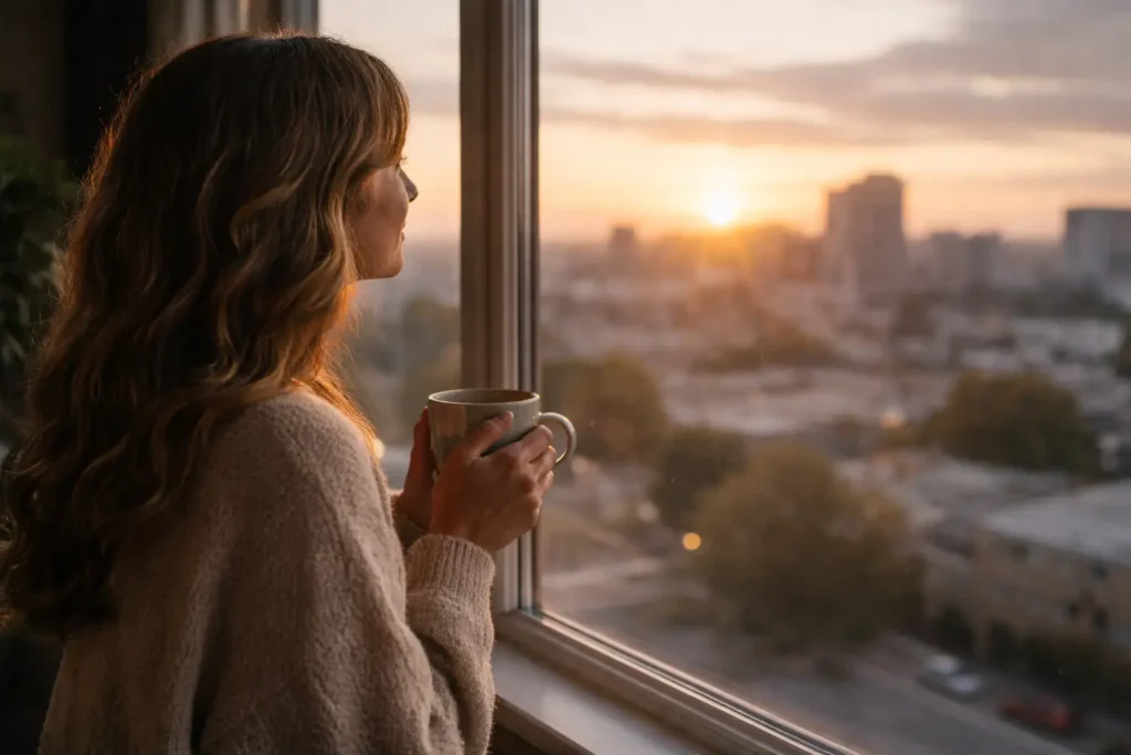 do-manifestations-work-looking-out-window-city-sunset Person looking out an apartment window at a sunset city skyline, holding a mug in soft natural light.