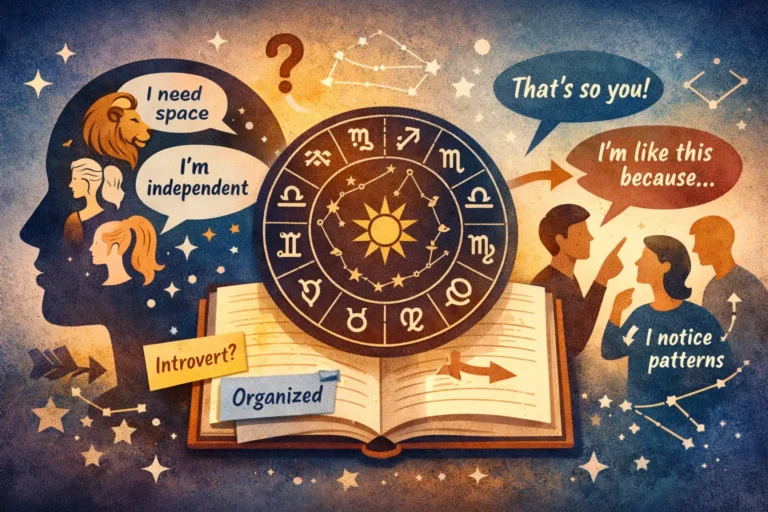 Illustration showing a zodiac wheel and people using astrology as a vocabulary for self-description, with speech bubbles about identity labels and noticing patterns.