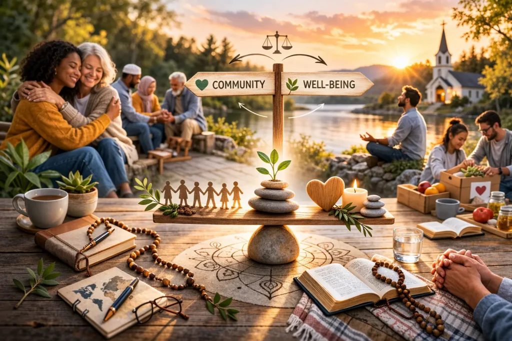 Illustration showing religion and mental health as a balance between supportive community and stressful, pressure-filled experiences