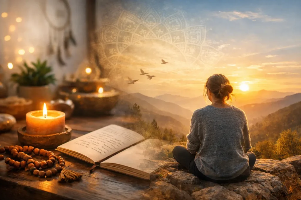 Calm split-scene showing simple spiritual coping: a candle and journal indoors and a person watching a mountain sunset outdoors, representing meaning, grounding, and connection for anxiety support.
