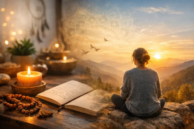 Calm split-scene showing simple spiritual coping: a candle and journal indoors and a person watching a mountain sunset outdoors, representing meaning, grounding, and connection for anxiety support.