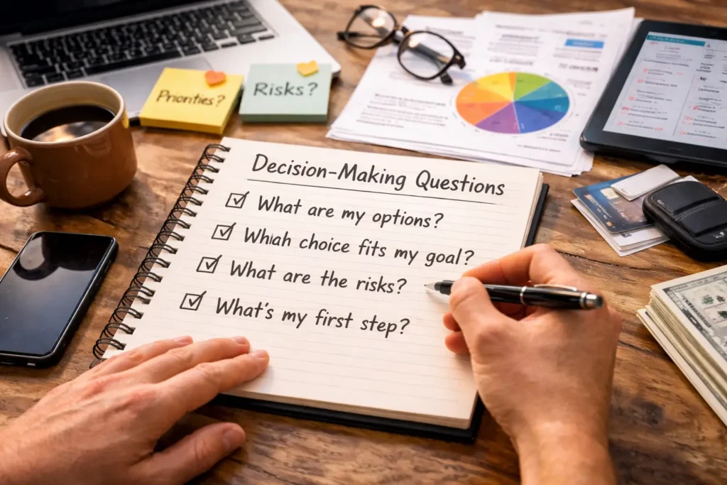 good-decision-making-questions-real-life-notebook-desk A person thoughtfully writes key decision-making questions in a notebook, surrounded by coffee, documents, and a laptop.
