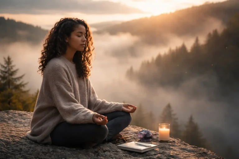 Woman sitting quietly on a cliff at sunrise with candle and journal, symbolizing how anxiety can affect spiritual connection and inner meaning.