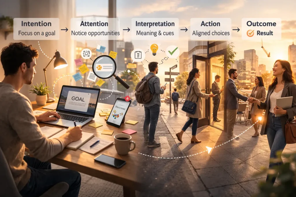 Real-life infographic showing how manifestation works as a behavioral loop: intention → attention → interpretation → action → outcome (result), illustrated with everyday scenes.
