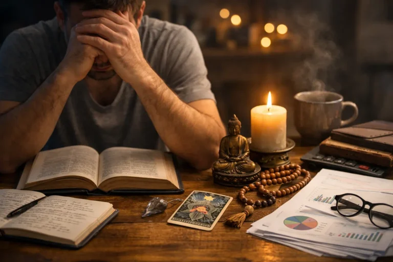 Person reflecting at a desk with a candle and spiritual symbols beside notes and charts, illustrating how overthinking can shift spiritual beliefs from meaning to proof-seeking.