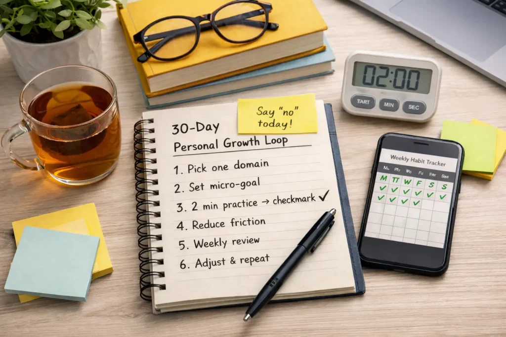 Notebook with a 30-day personal growth loop on a modern desk, with a glass cup of tea, timer, and habit tracker.