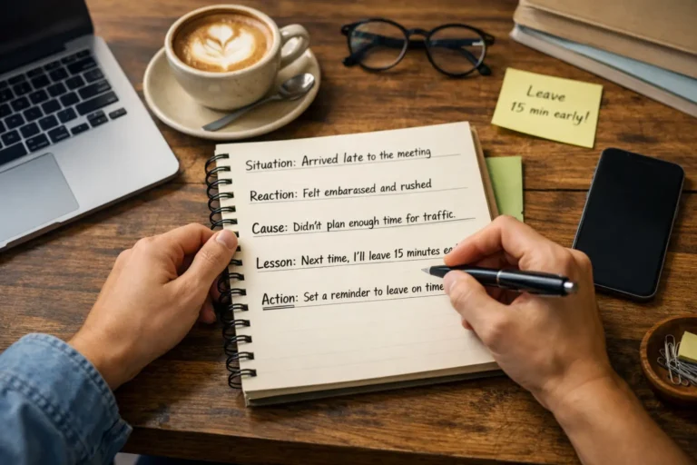 Person writing a 5-step self reflection checklist in a notebook at a desk with coffee and laptop