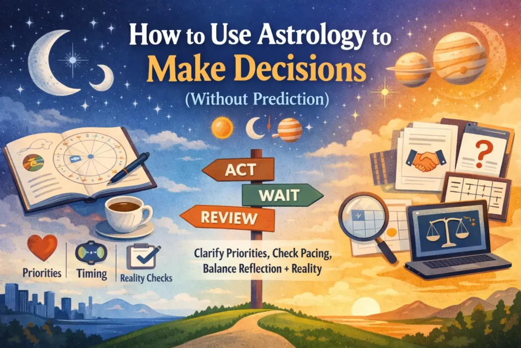 how-to-use-astrology-to-make-decisions-without-prediction-banner Illustration showing how to use astrology to make decisions without prediction, with an astrology chart, planets, and an act-wait-review signpost.
