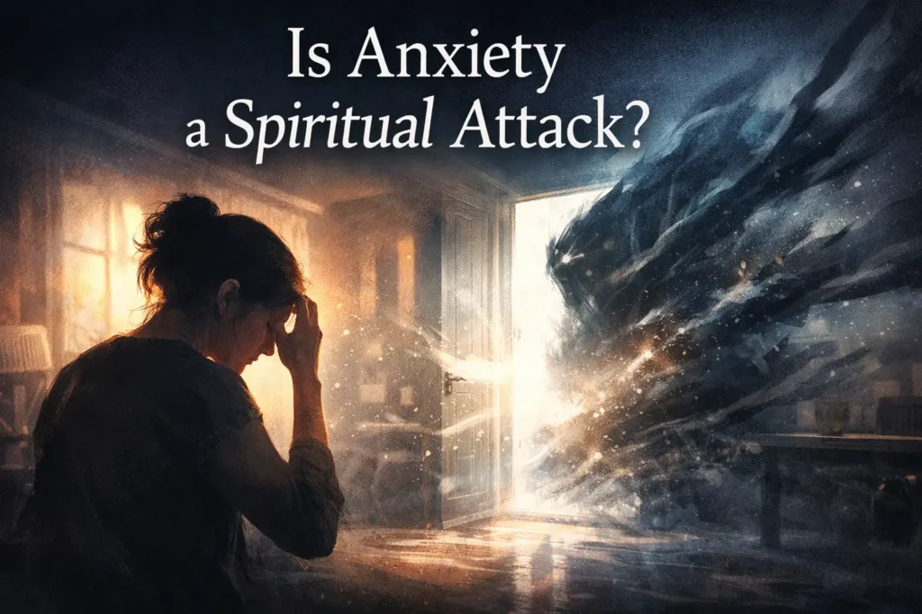 is-anxiety-a-spiritual-attack-header-image Illustration of a woman feeling anxious as a dark, swirling force enters through a bright doorway, symbolizing anxiety interpreted as a spiritual attack.
