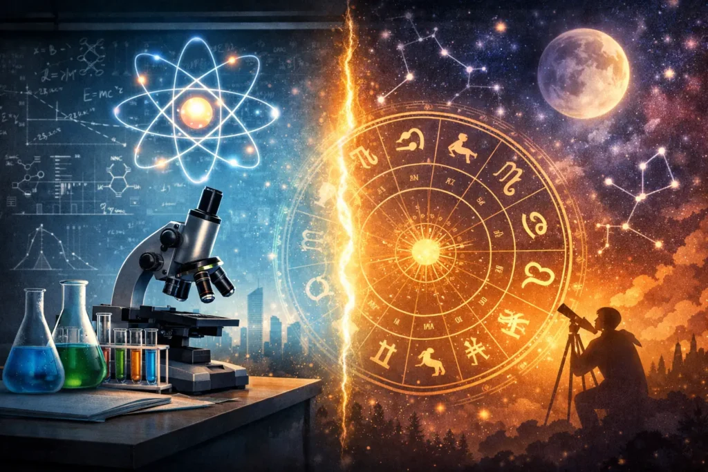 is-astrology-a-science-or-pseudoscience-science-vs-astrology-hero Split illustration contrasting scientific method (microscope, formulas) with astrology (zodiac wheel, constellations) to accompany an article on whether astrology meets scientific criteria.