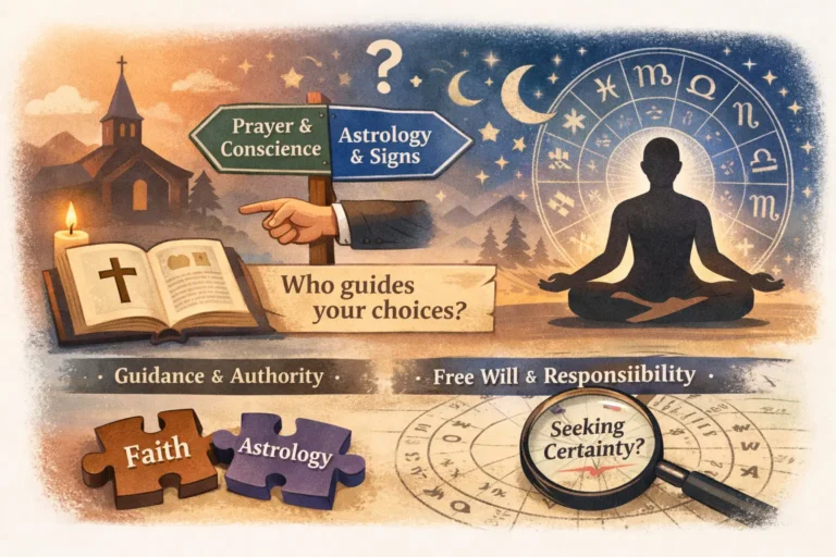 Infographic showing religion and astrology as two sources of guidance, focusing on authority, trust, and free will without making a verdict.