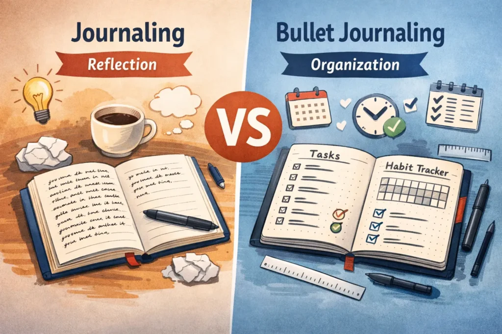 journaling-vs-bullet-journaling-difference-comparison Journaling vs bullet journaling: reflection writing vs structured planning and tracking.