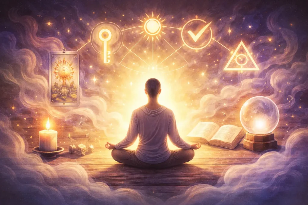 need-for-certainty-spiritual-thinking-hero Illustration of a person meditating surrounded by spiritual symbols, showing the tension between certainty and mystery in spiritual thinking.