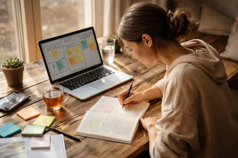 Woman planning a 4–12 week reset plan in a notebook beside a laptop and tea, using small experiments to regain direction in life.