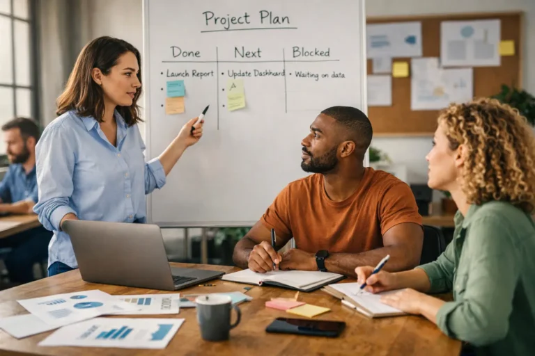 Team meeting where a manager presents a weekly status update (done, next, blocked) on a whiteboard while colleagues take notes.